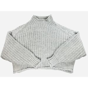 H&M Women’s Chunky Knit Cropped Sweater Grey Mock Neck Oversized XL